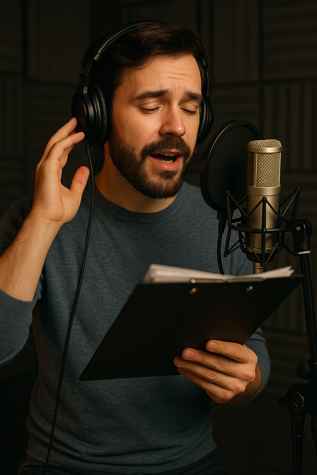 Professional voice actor recording in studio